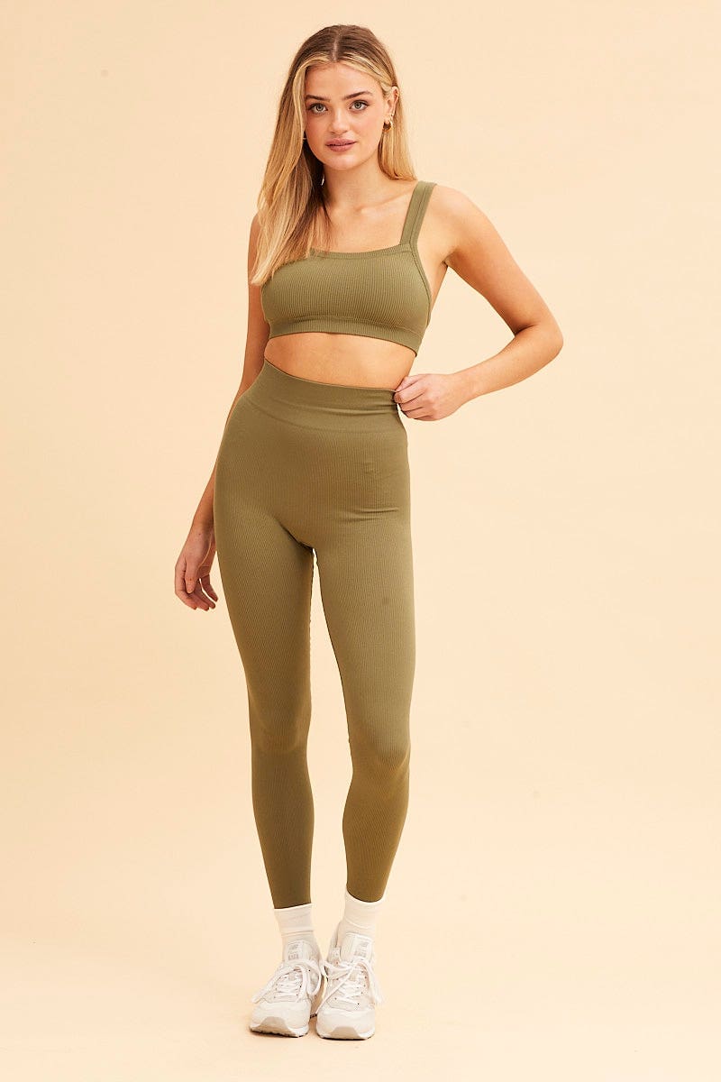 Green Nico Seamless Rib Straight Neck Crop Top