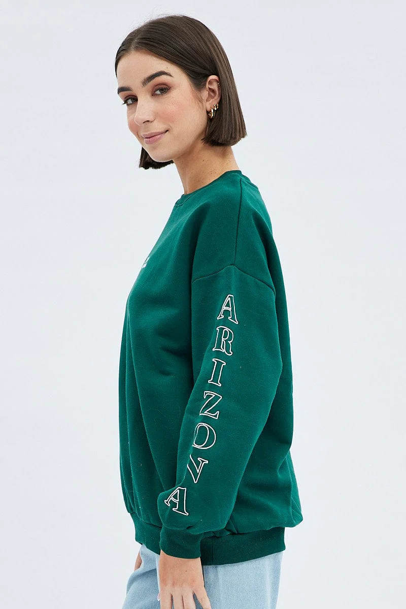 Green Graphic Sweater Long Sleeves