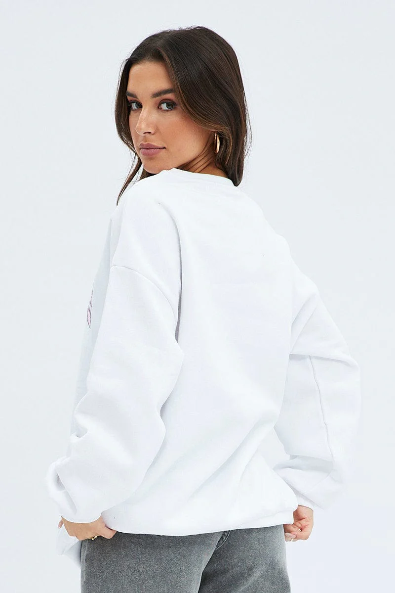 White Graphic Sweatshirt Long Sleeve Crew Neck