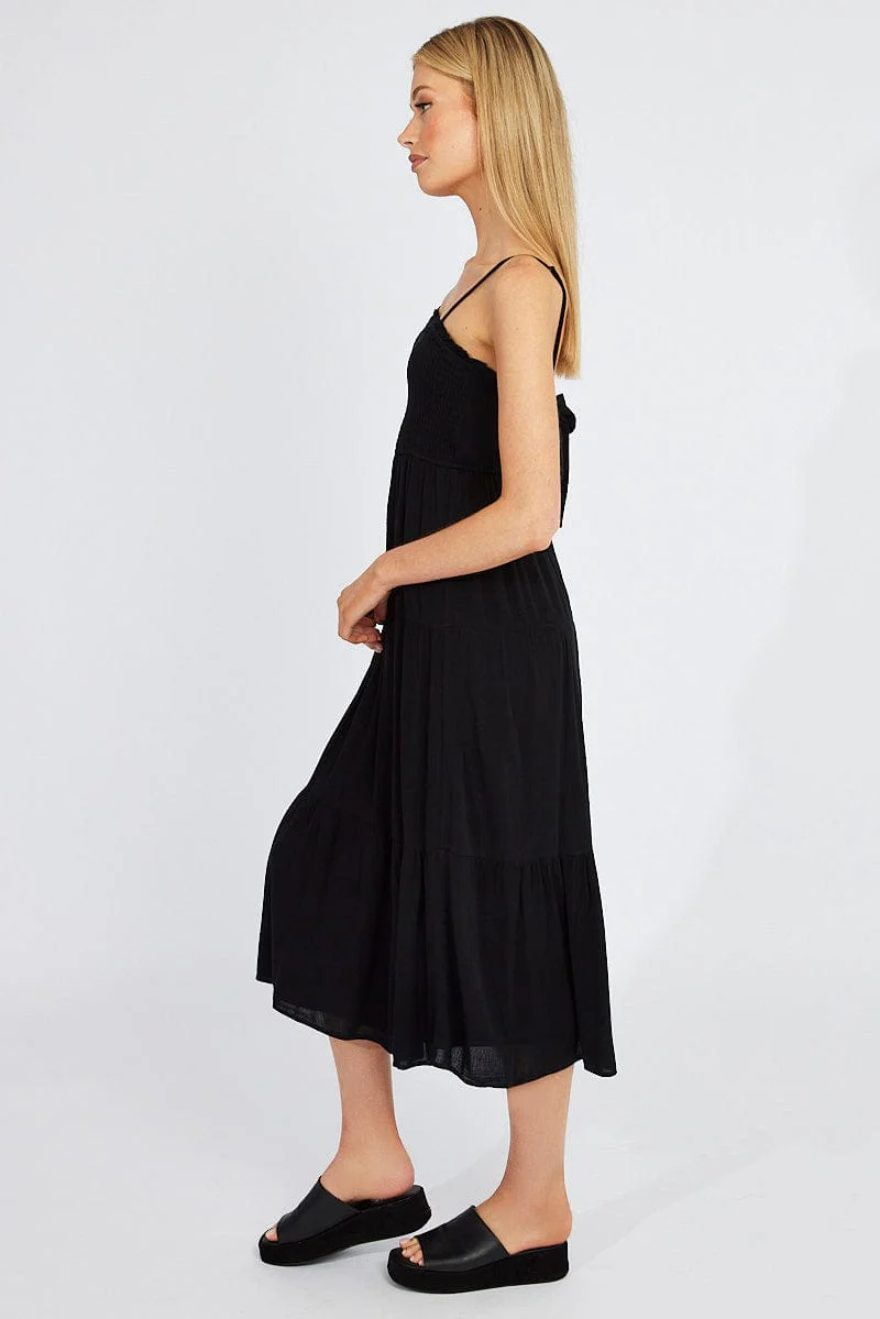 Black Midi Dress Sleeveless Shirred Tie Back