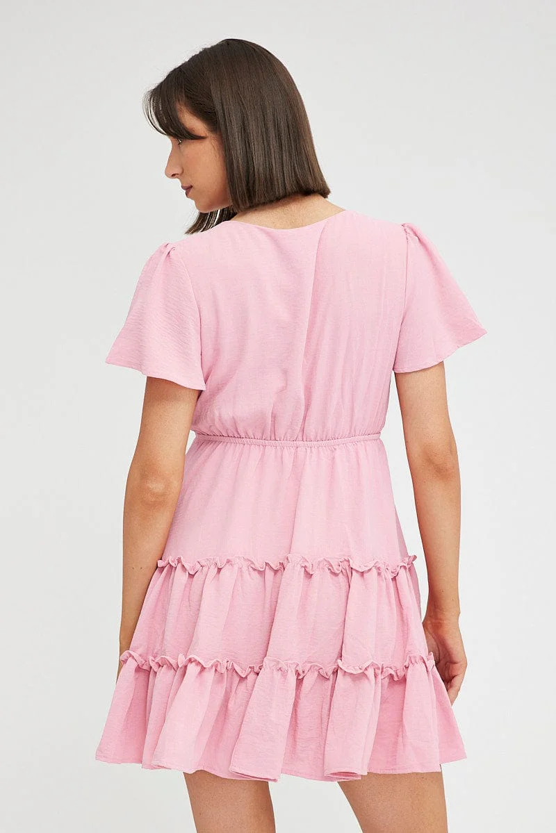 Pink Fit And Flare Dress Short Sleeve Mini