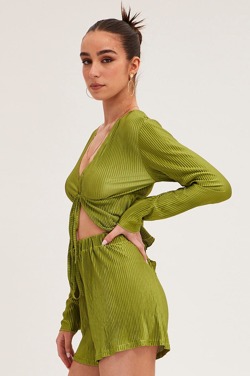 Green Tie Front Long Sleeve Top