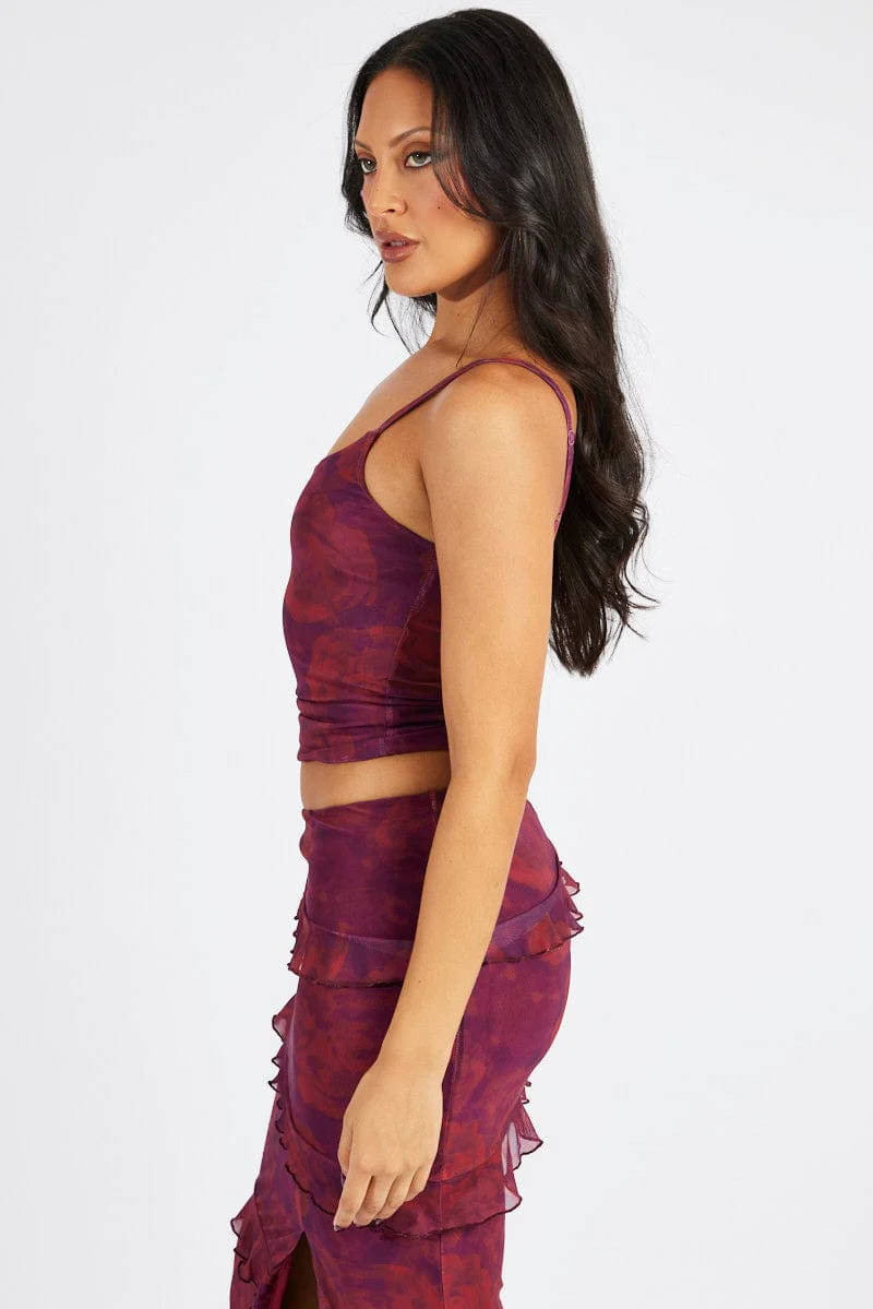 Red Floral Cami Top Sleeveless Mesh