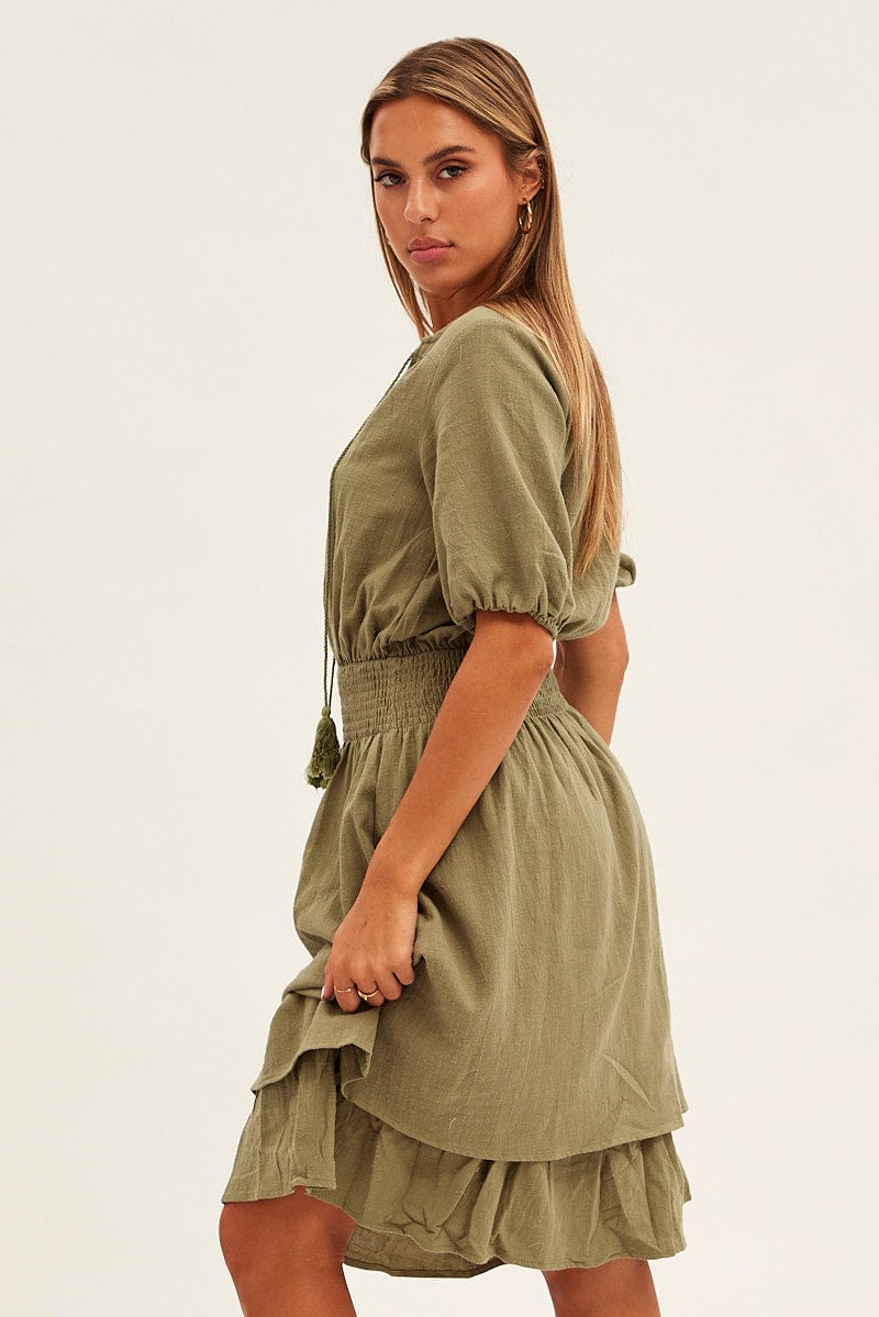 Green Midi Dress Short Sleeve V Neck