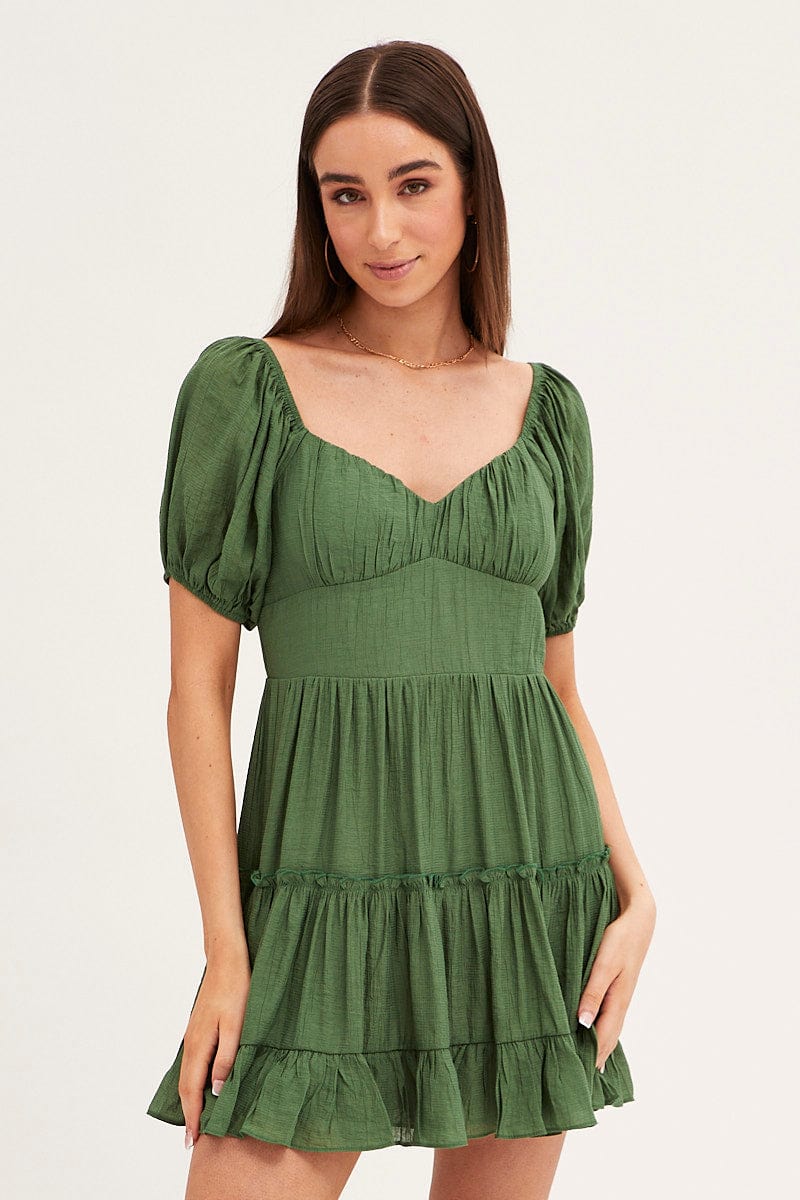 Green Fit And Flare Dress Puff Sleeve Sweetheart Neck