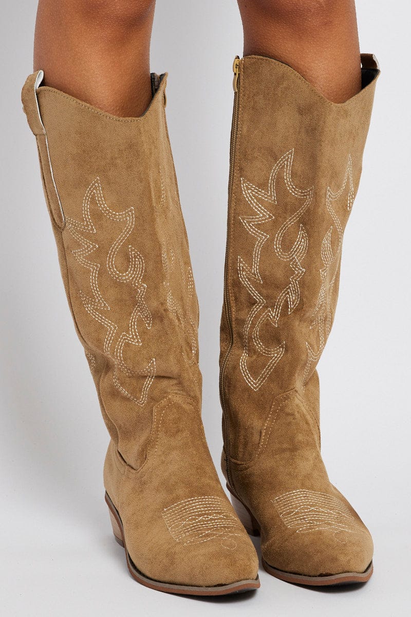 Beige Embroidered Western Boots