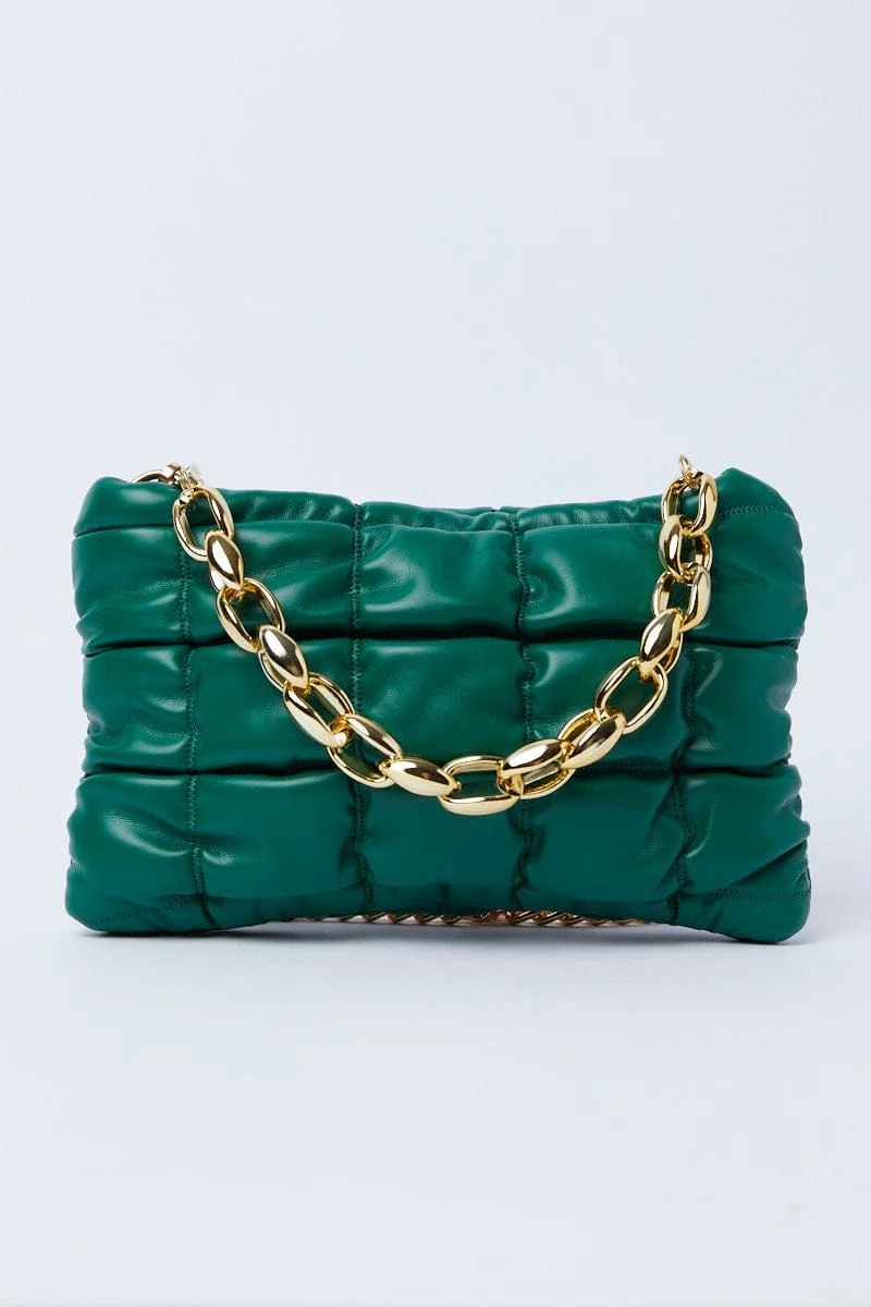 Green Chain Decor Quilted Shoulder Bag