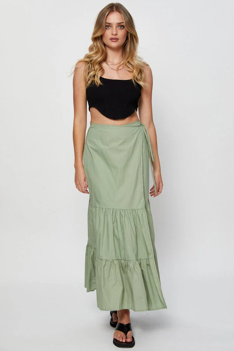 Green Wrap Skirt Maxi High Rise