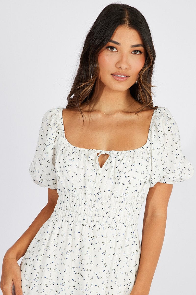 White Ditsy Midi Dress Puff Sleeve