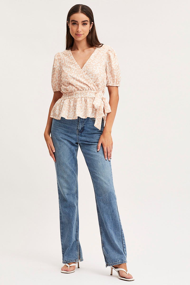 Print Wrap Top Long Sleeve Peplum