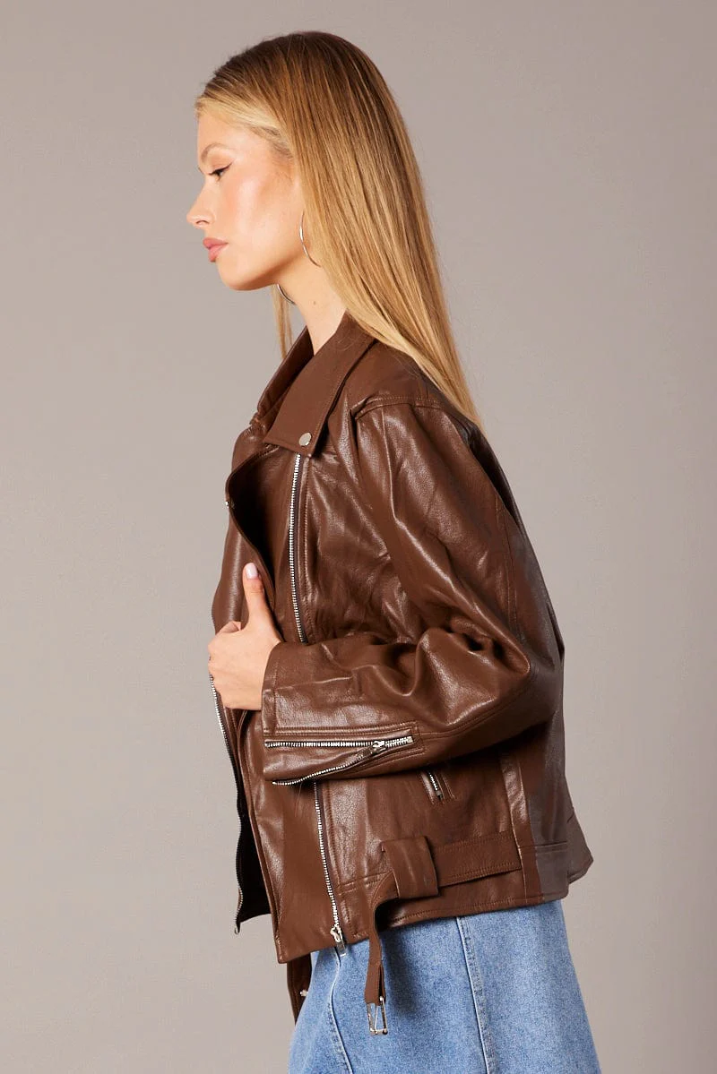 Brown Jacket Long Sleeve Collared Faux Leather