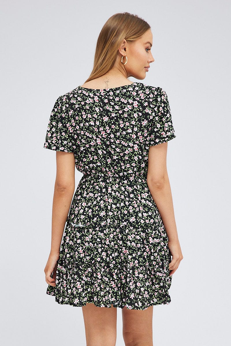 Black Floral Fit And Flare Dress Short Sleeve Mini