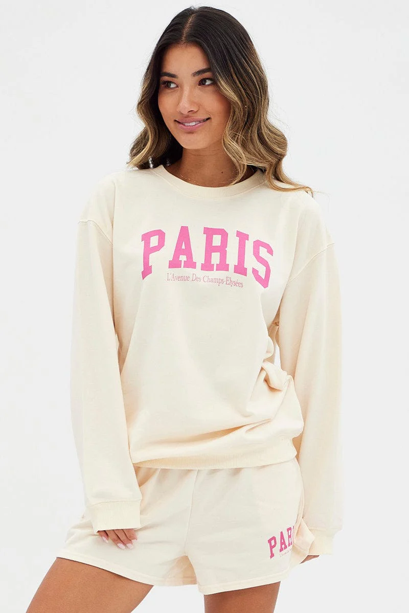 Cream Graphic Sweater Long Sleeve Paris Print