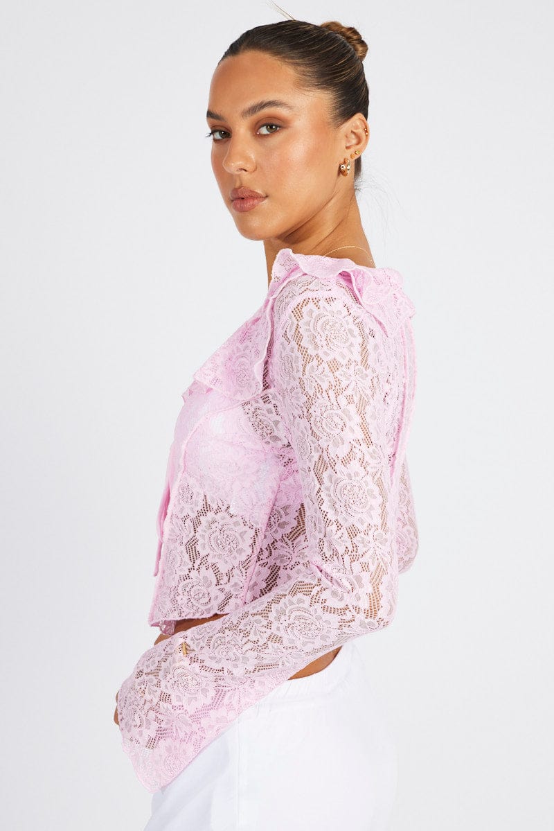 Pink Lace Tie Up Top Long Sleeve