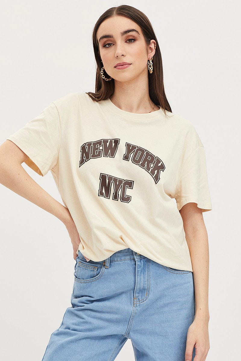 Beige Graphic T Shirt Short Sleeve