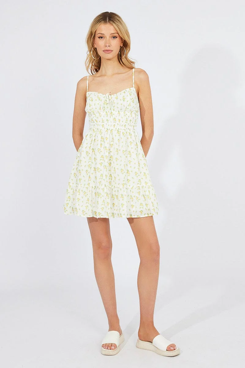 White Ditsy Fit and Flare Sleeveless Dress