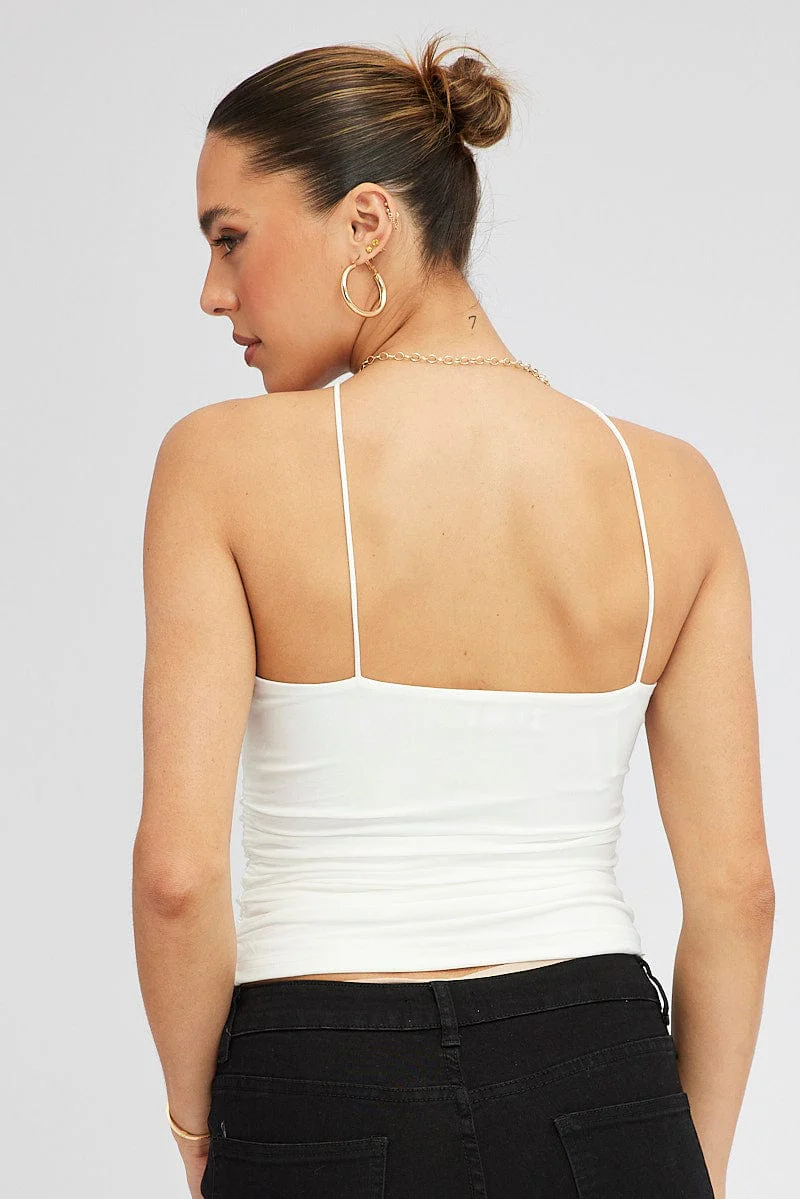 White Rose Top Halter Neck Crossover Rosette Stretch