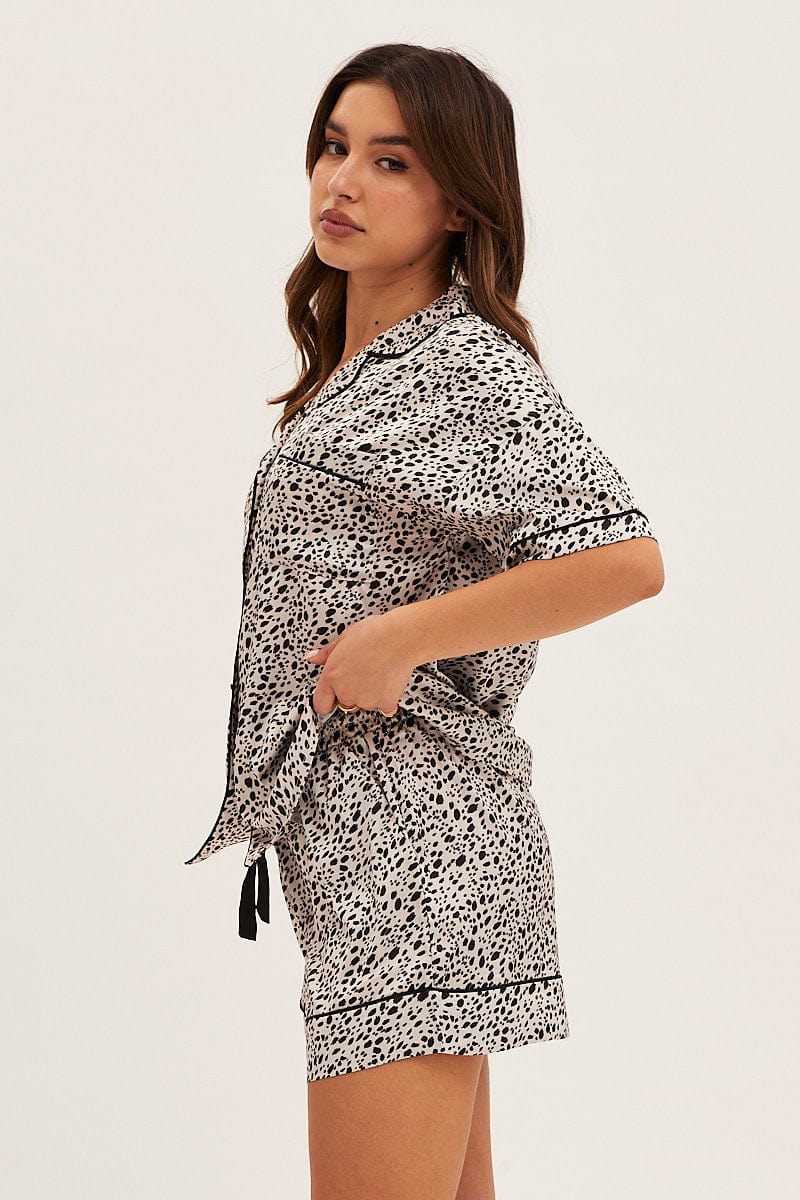 Print Satin Short Sleeve Top & Shorts Pj Set
