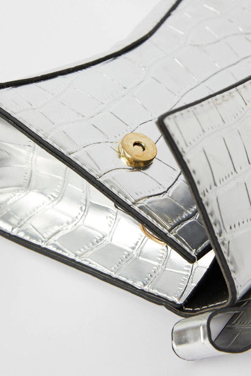 Silver Croc Top Handle Crossbody Bag