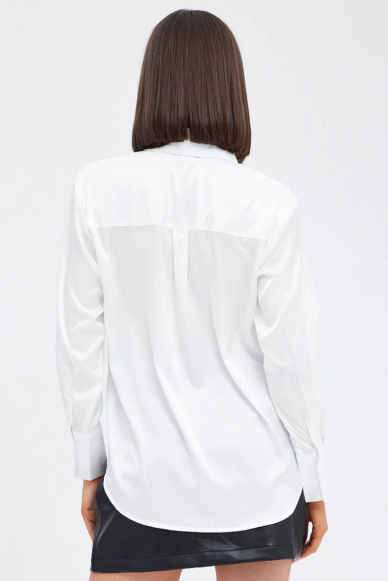 White Satin Shirt Long Sleeve Collared Neck