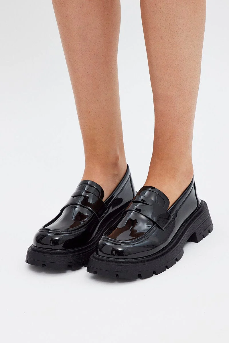 Black Chunky Sole Loafers In Patent