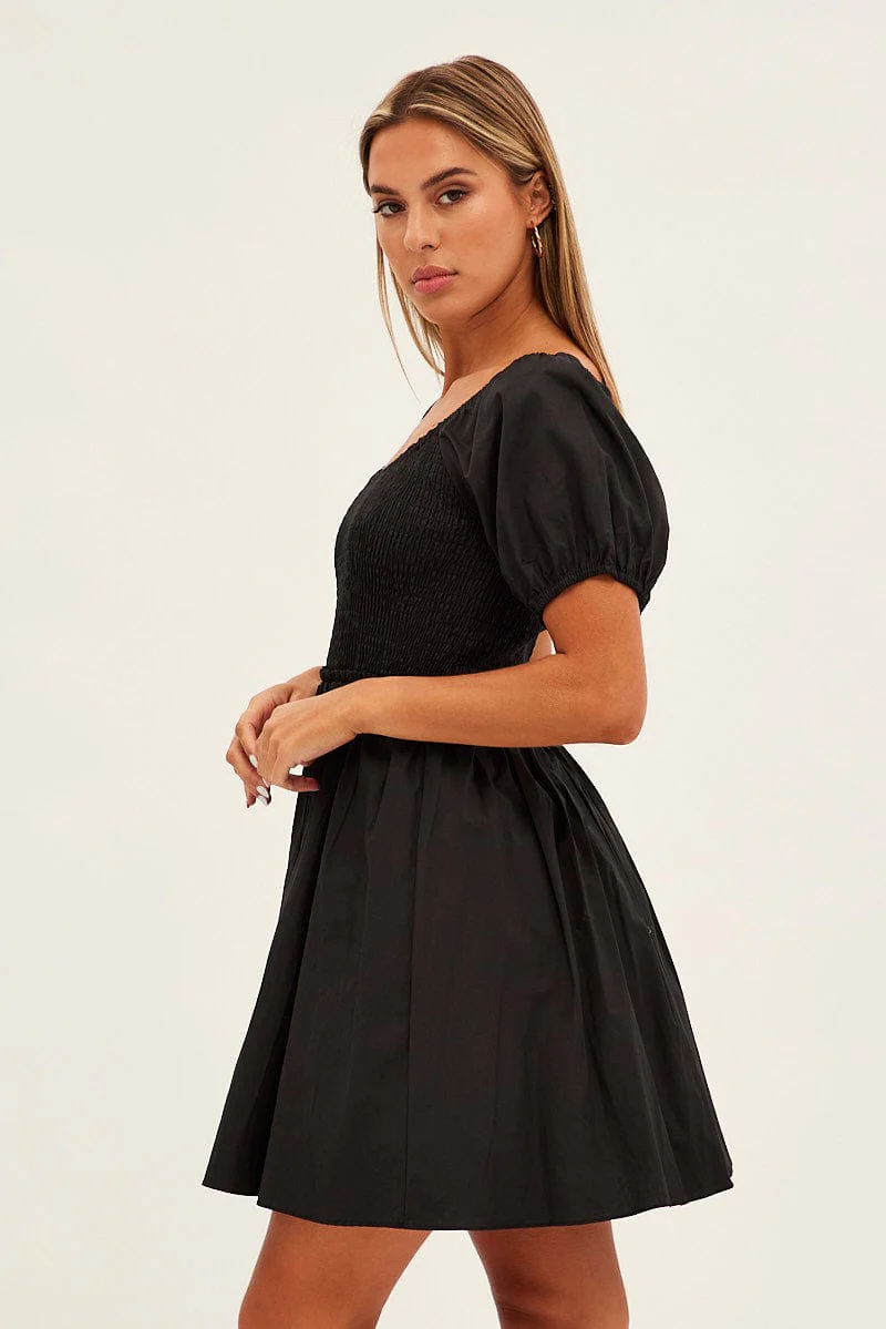 White Fit And Flare Dress Puff Sleeve Mini Poplin
