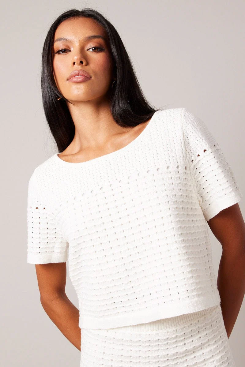 White Knit Top Short Sleeve Crochet
