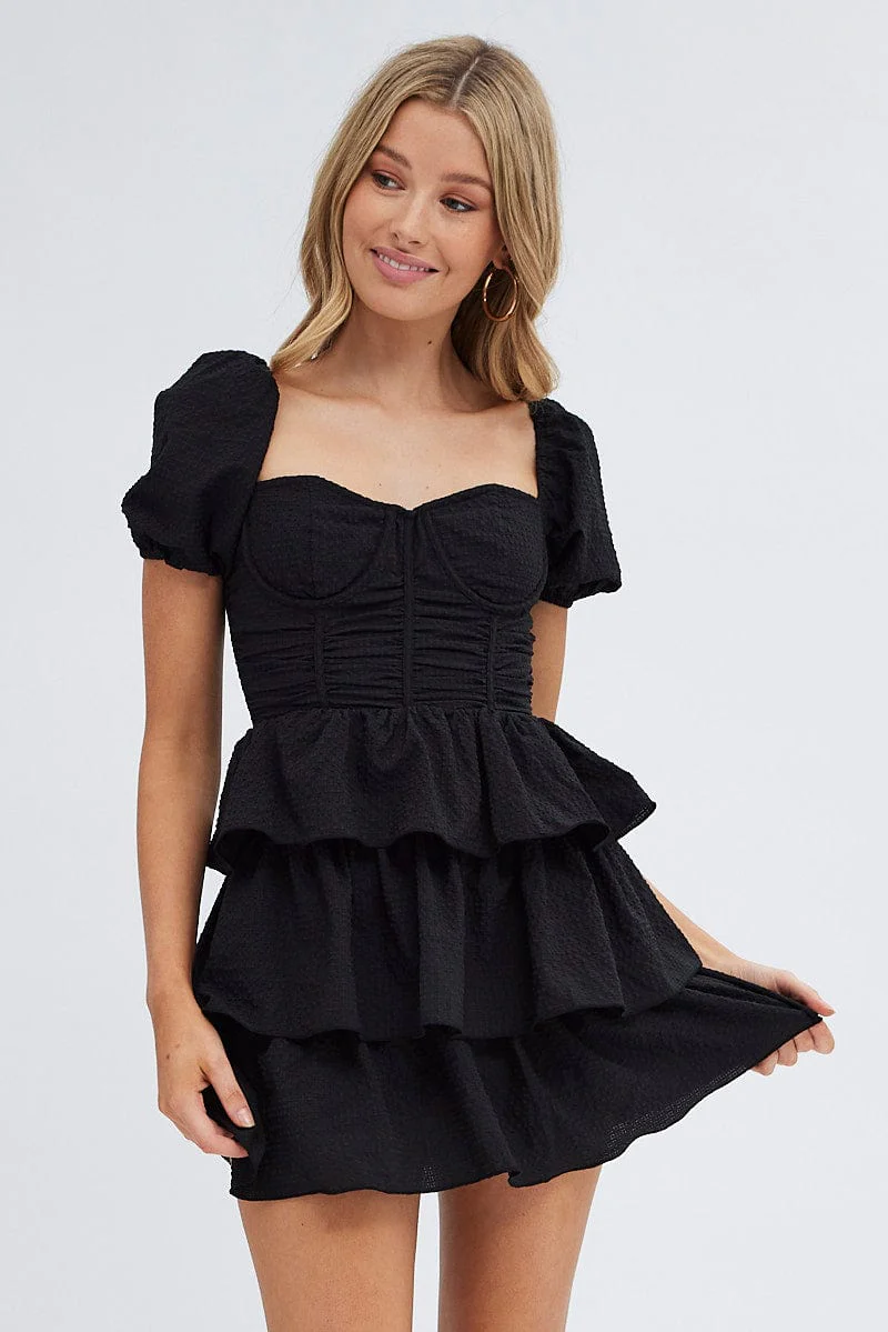 Black Corset Dress Puff Sleeve Tiered Bustier Dress