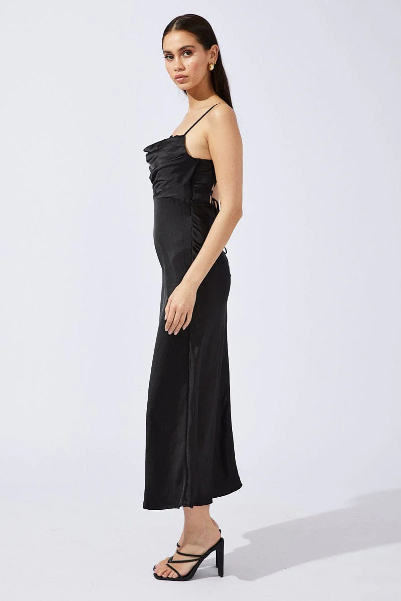 Black Midi Dress Sleeveless Cowl Neck Satin Slip Lace