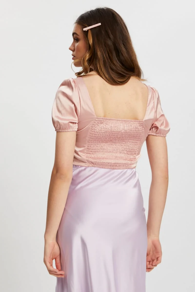 Pink Satin Puff Sleeve Crop Top
