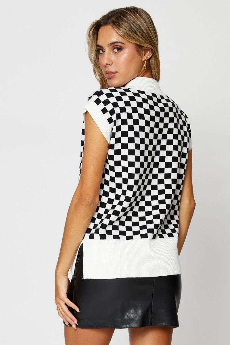 Check Knit Top Sleeveless Oversized V-Neck