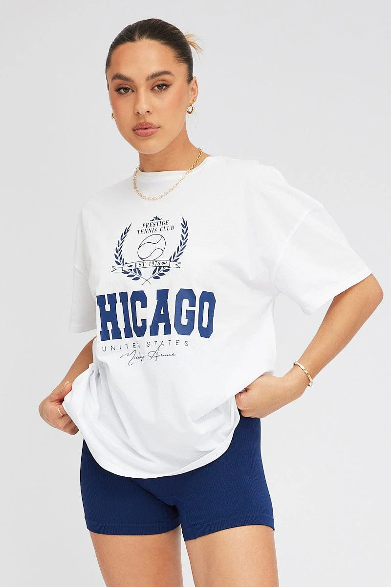 White Graphic tee Chicago Tennis Slogan Oversize t-shirt