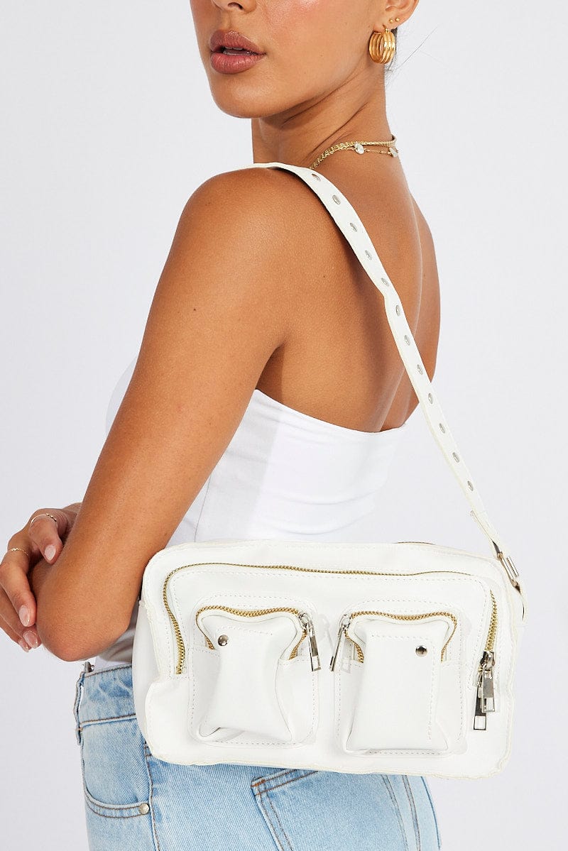 White Versatile Multi-Pocket Casual Shoulder Bag