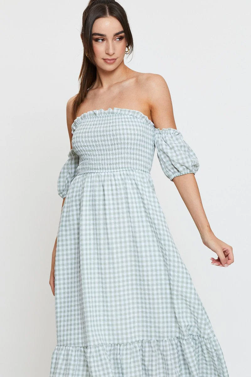 Check Midi Dress Off Shoulder Short Sleeve