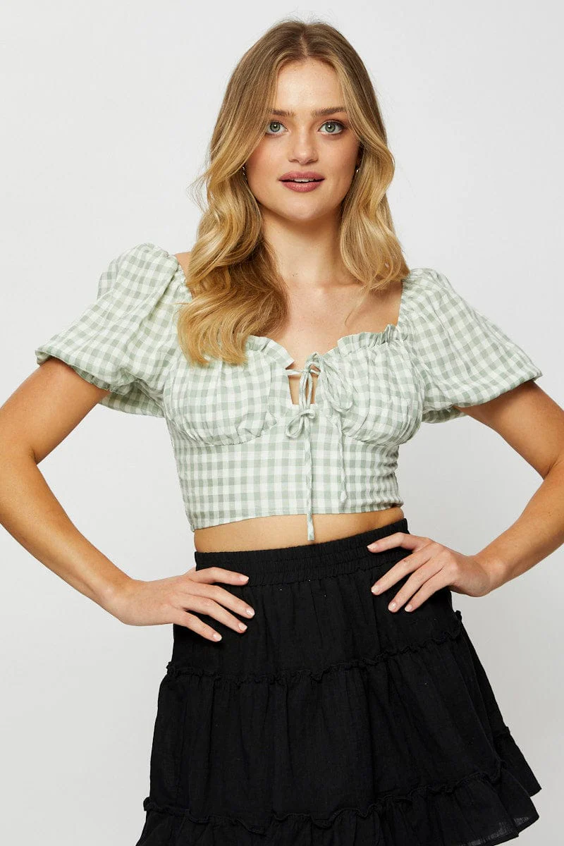 Check Crop Top Short Sleeve Tie Up