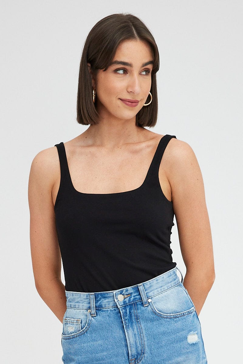 Black Tank Top Sleeveless Square Neck