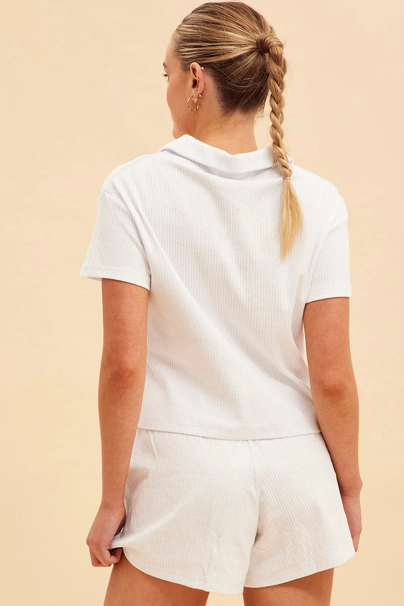 White Prea Rib Polo Short Sleeve Tee