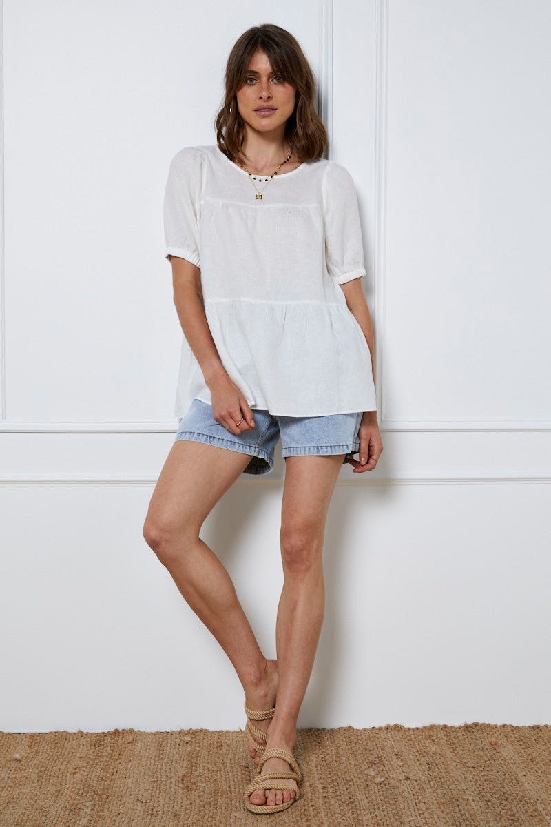 White Top Short Sleeve Relaxed Linen
