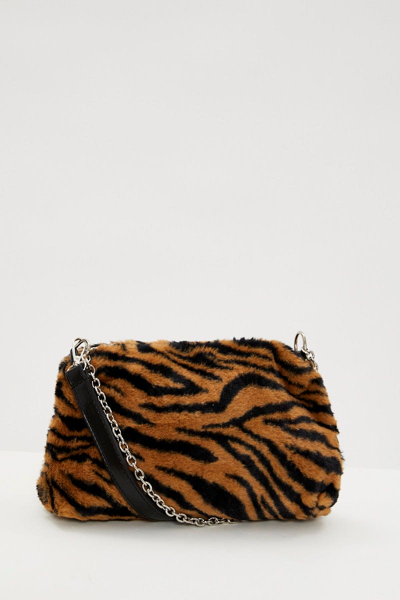 Print Faux Fur Tiger Print Shoulder Bag