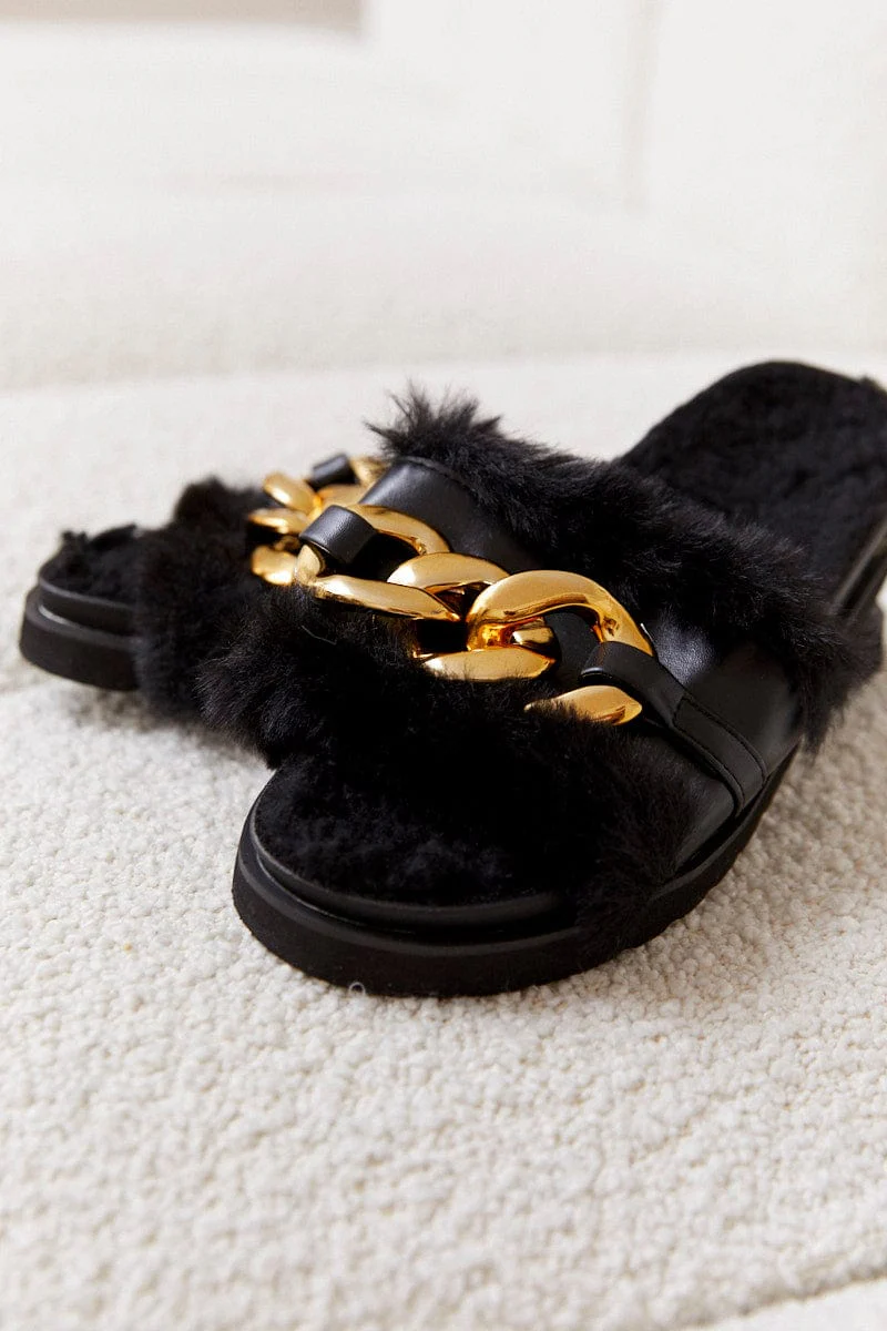 Black Faux Fur Chain Slippers