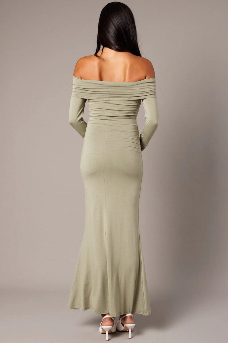 Green Off Shoulder Dress Long Sleeve  Maxi