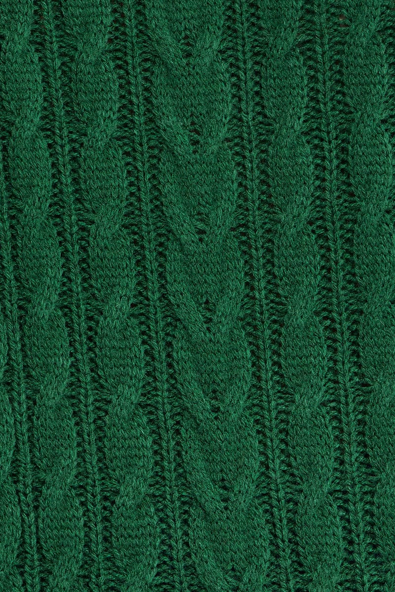 Green Knit Top Long Sleeve Collared Cable