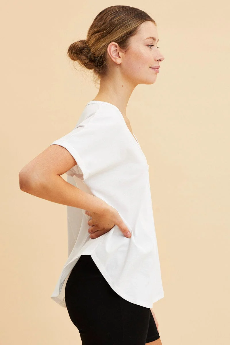 White Pocket Tee Scoop Neck Cotton Stretch Short Sleeve