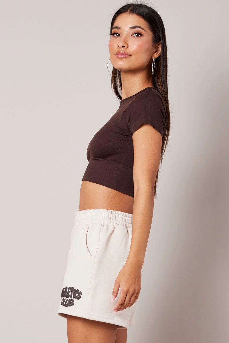 Beige Track Shorts High Rise Elastic Waist