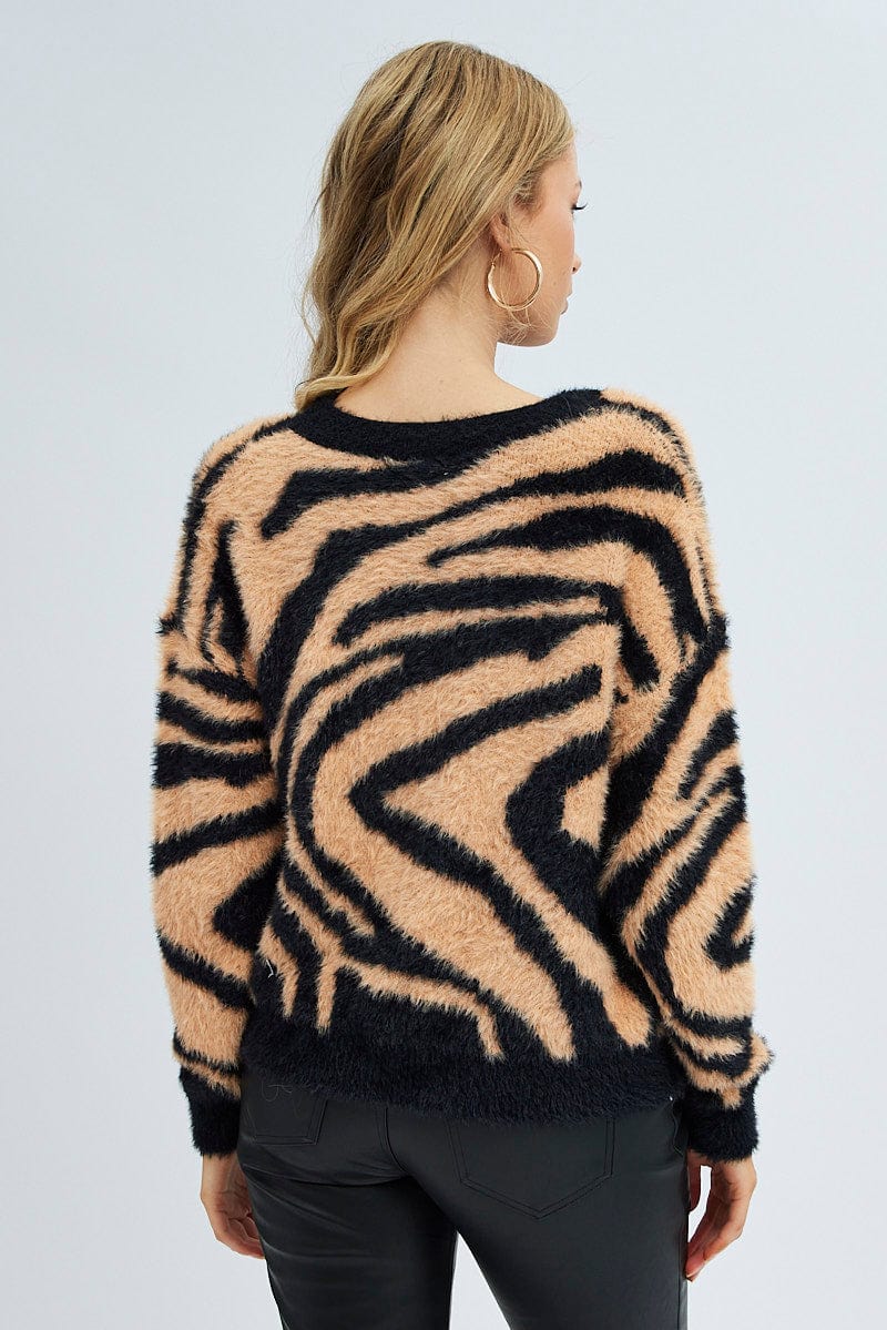 Print Knit Top Long Sleeve Fluffy