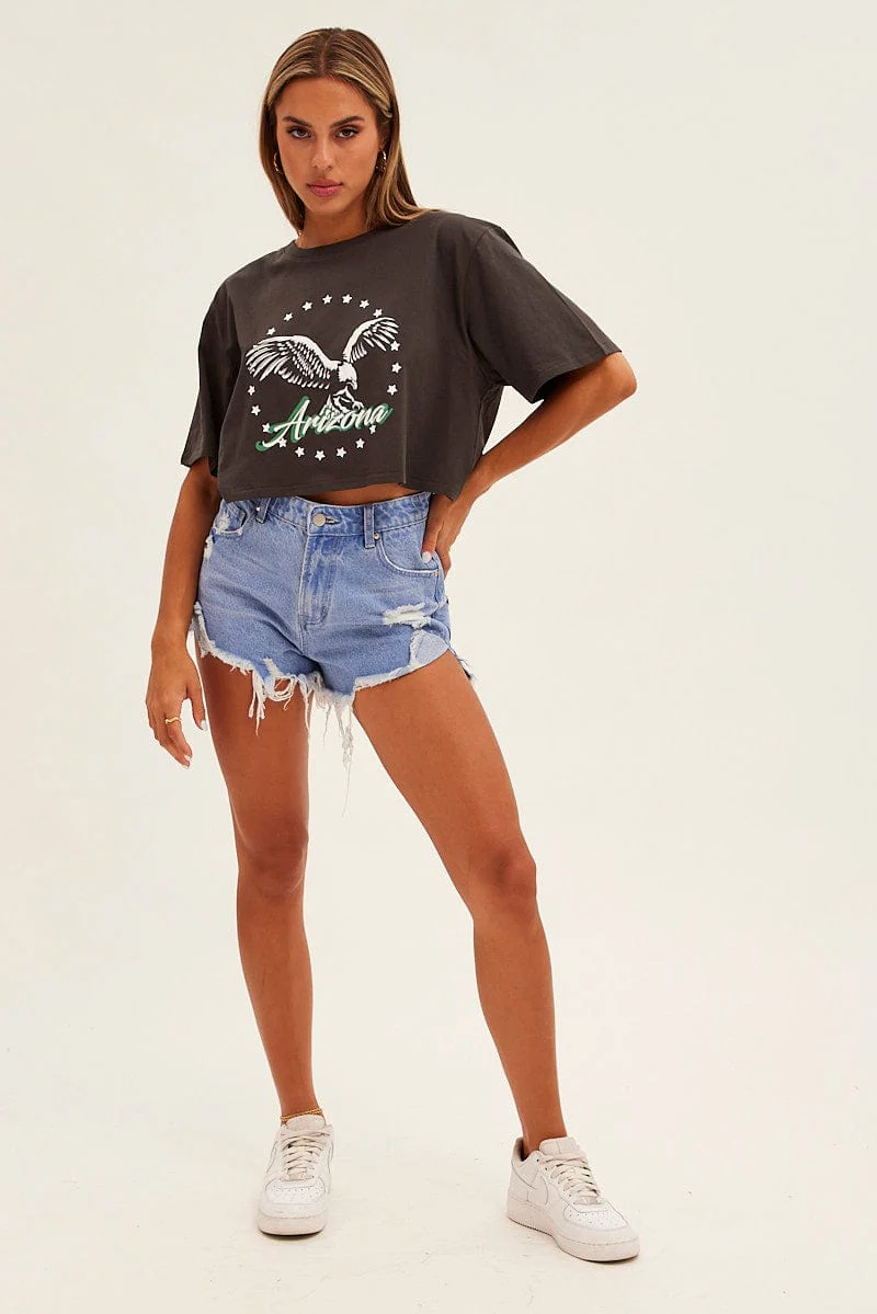 Grey Graphic T-Shirt Eagle Short Sleeve Crew