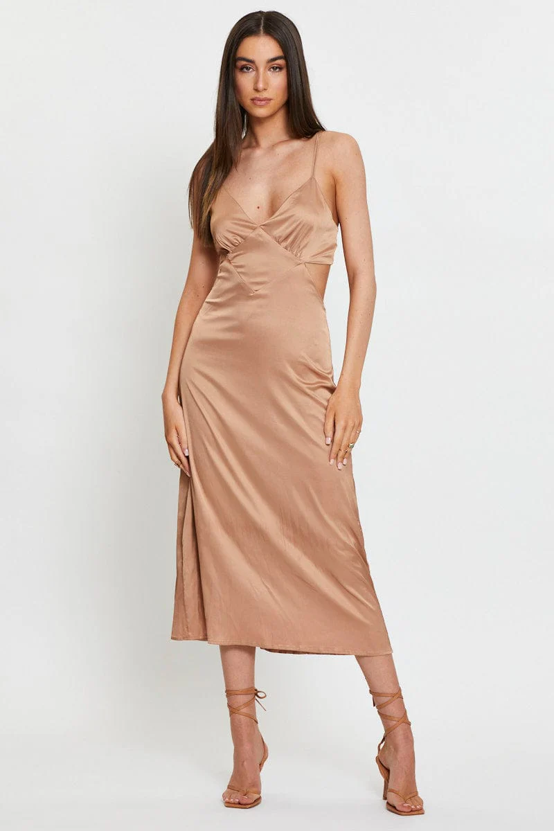 Brown Midi Dress Satin