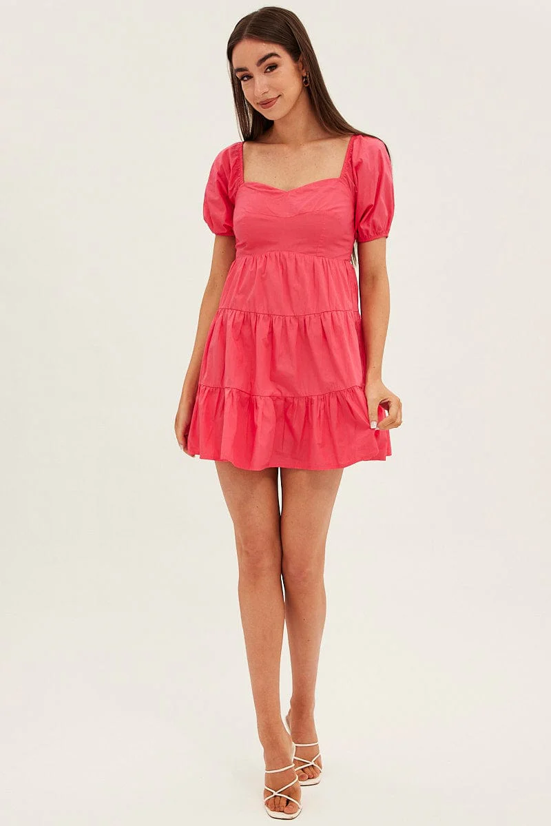Pink Fit And Flare Dress Mini Sweetheart Poplin