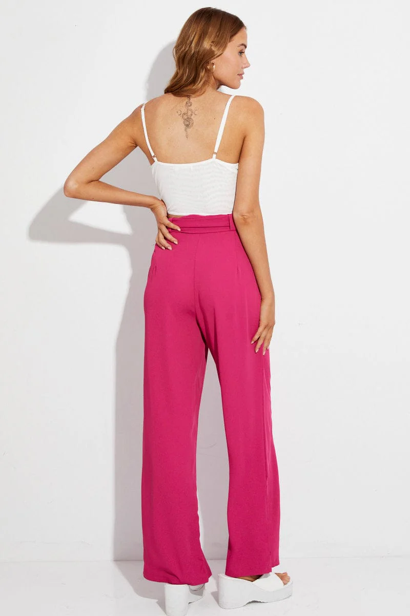 Pink Wide Leg Pants High Rise Paperbag