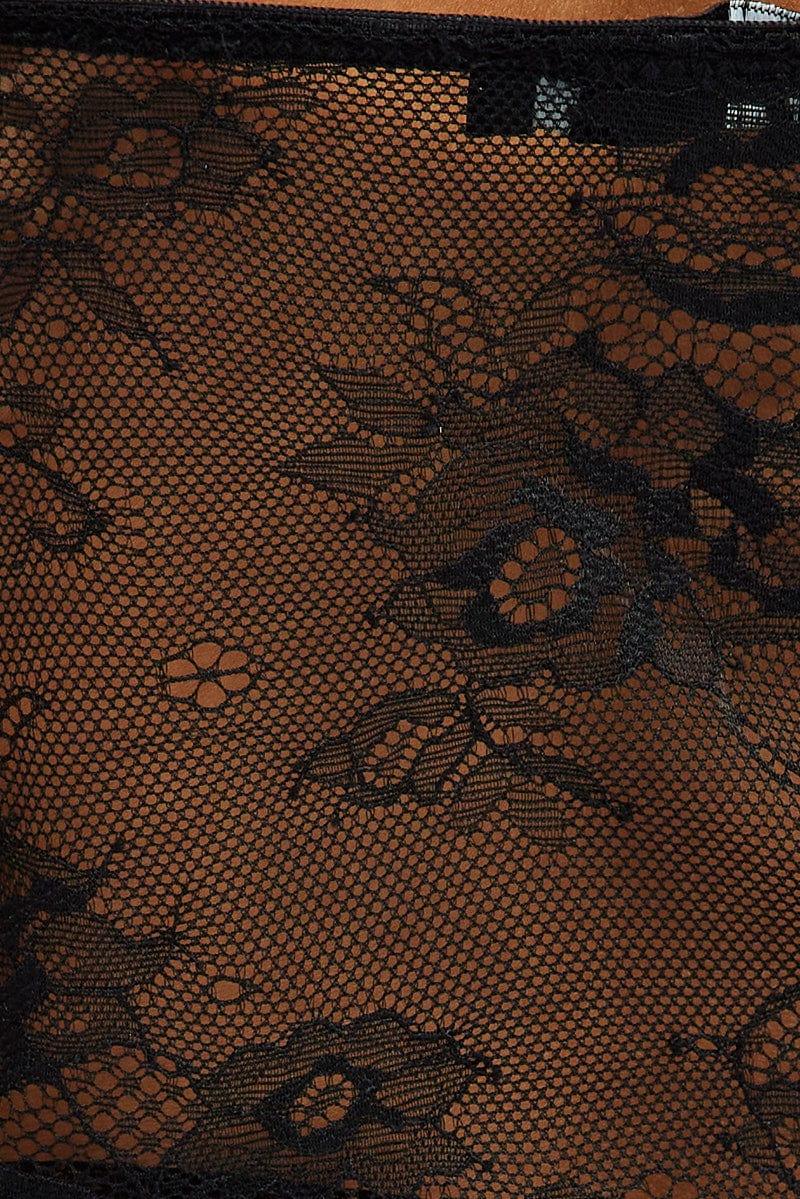 Black Black Lace Top Short Sleeve Slightly Stretch